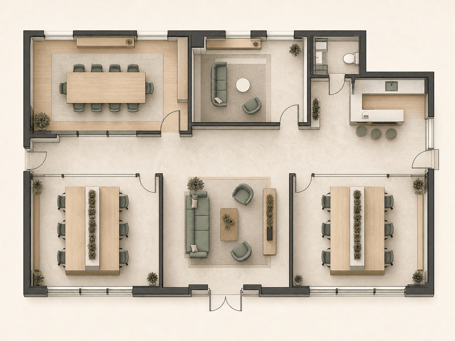 Top-down floor plan of a furnished home